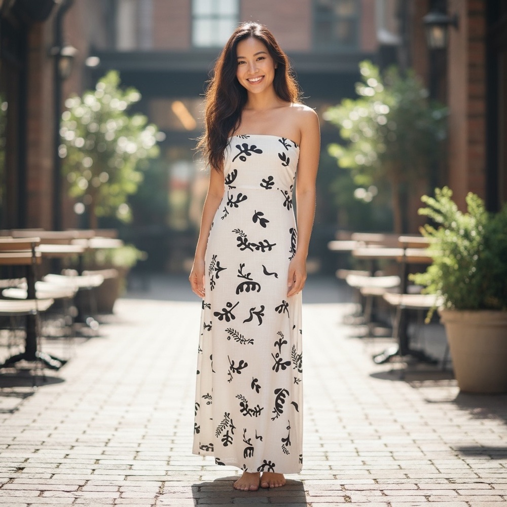 Paper Heart Linen Blend Black White Leaf Print Maxi Dress Size XS